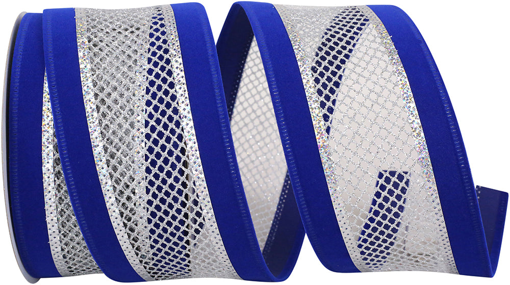 Royal Silver Velvet Mesh Wired Edge Ribbon 2-1/2 Inch