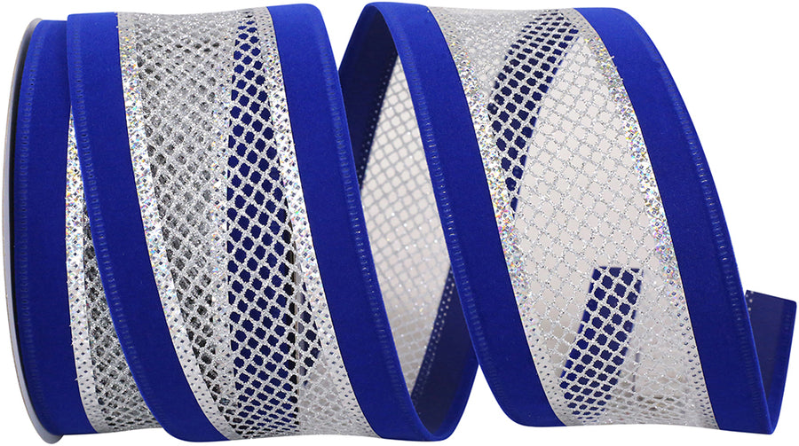 Royal Silver Velvet Mesh Wired Edge Ribbon 2-1/2 Inch