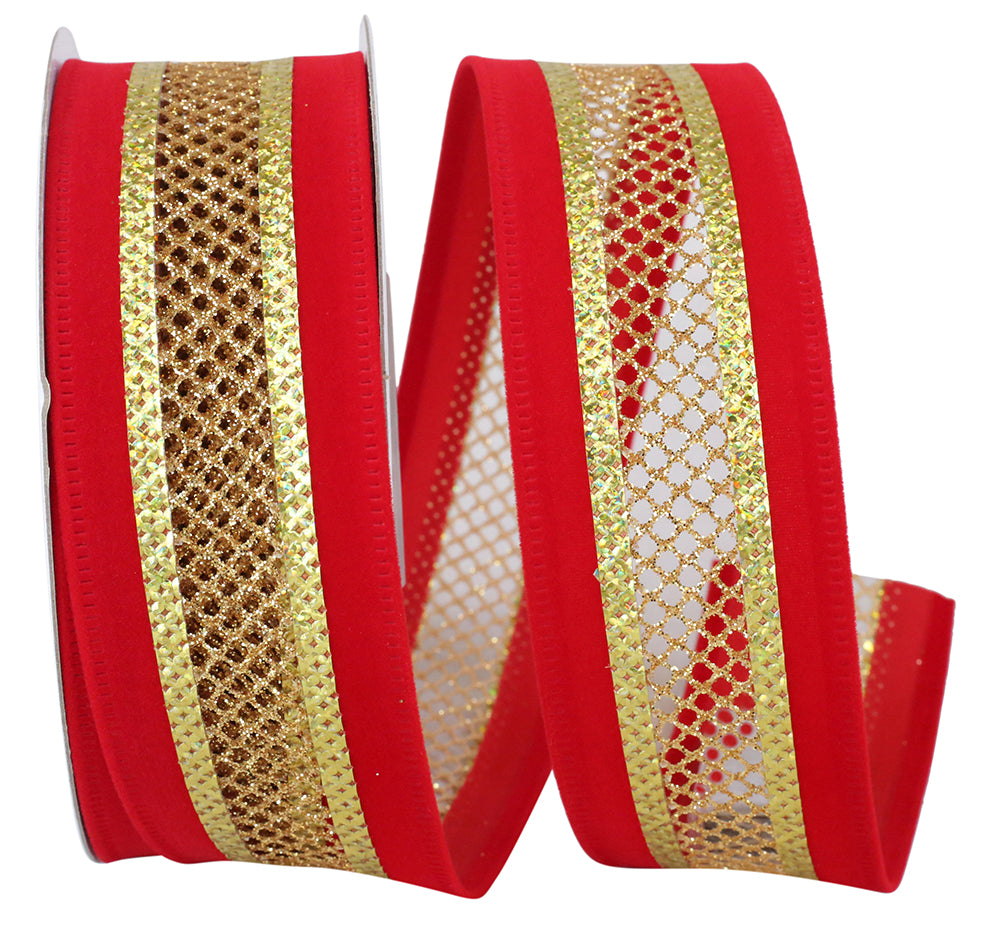 Red Gold Velvet Mesh Wired Edge Ribbon 1-1/2 Inch for Wreaths