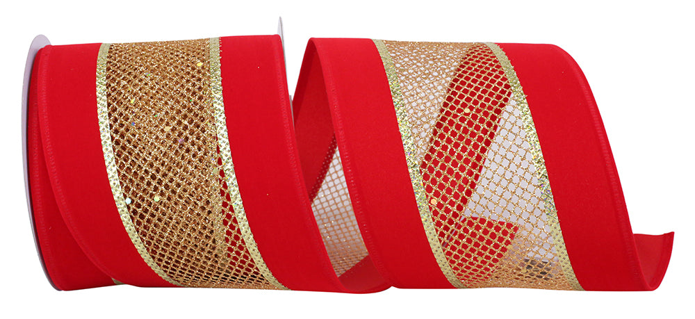 4 Inch Red Gold Velvet Mesh Wired Edge Ribbon