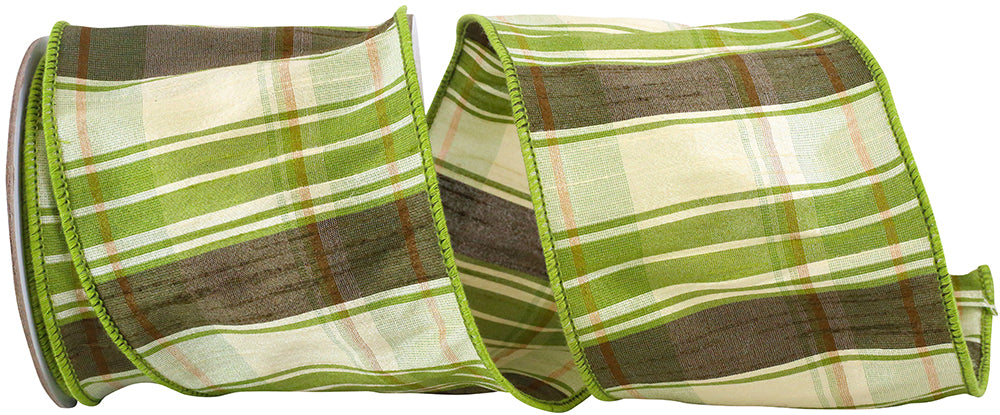 Plaid Green Wired Edge Ribbon 4 Inch Dupioni Fabric
