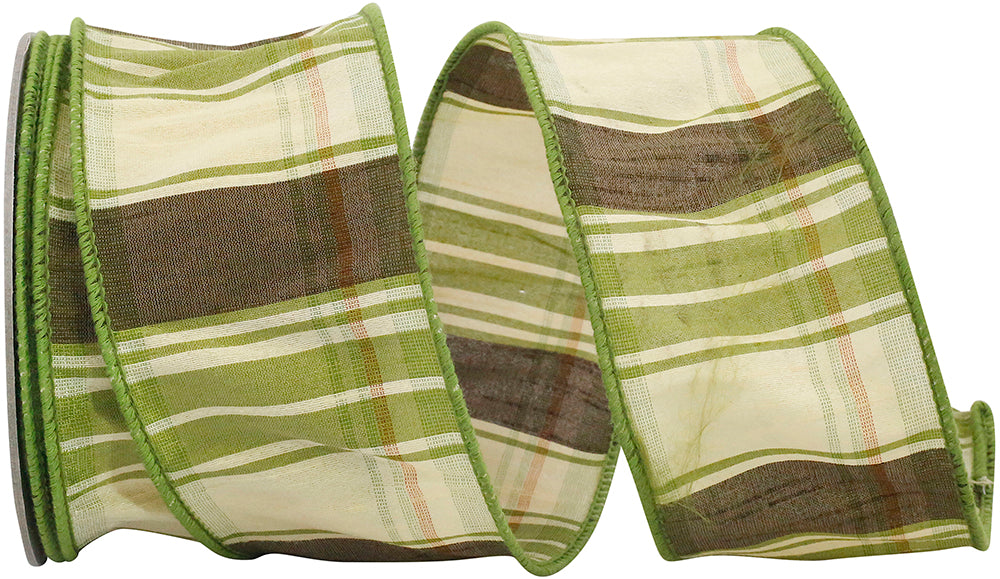Plaid Green Wired Edge Ribbon 2-1/2 Inch 10 Yards