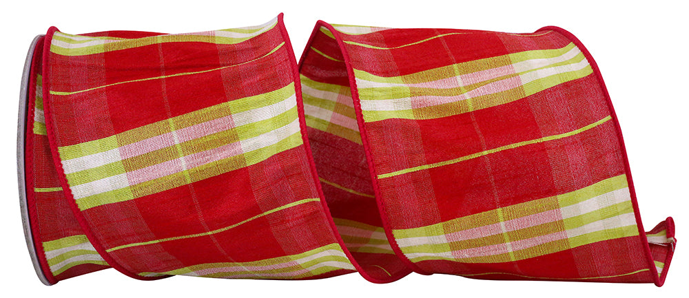 Plaid Dupioni Ribbon Red Lime 4 Inch Wired Edge 10 Yards