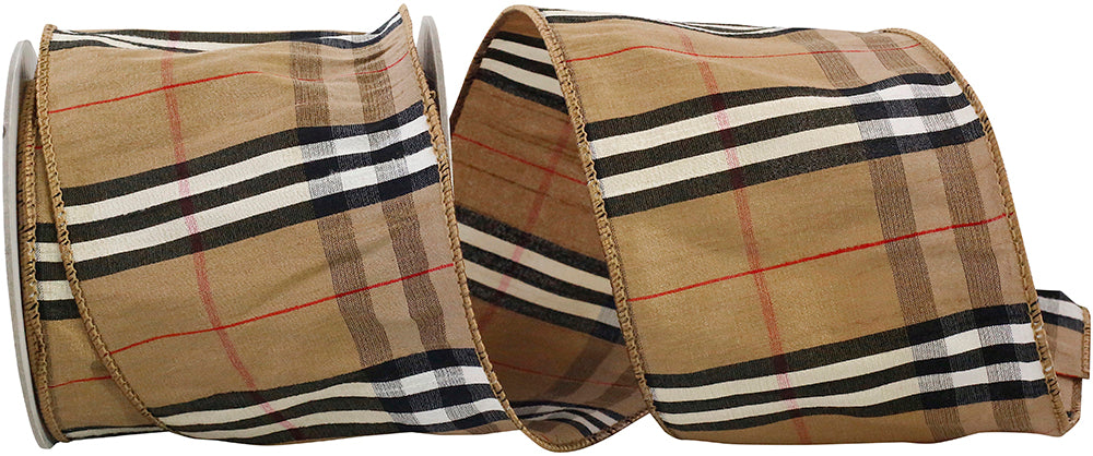 Plaid Dupioni Wired Edge Ribbon Brown 4 Inch for Bows