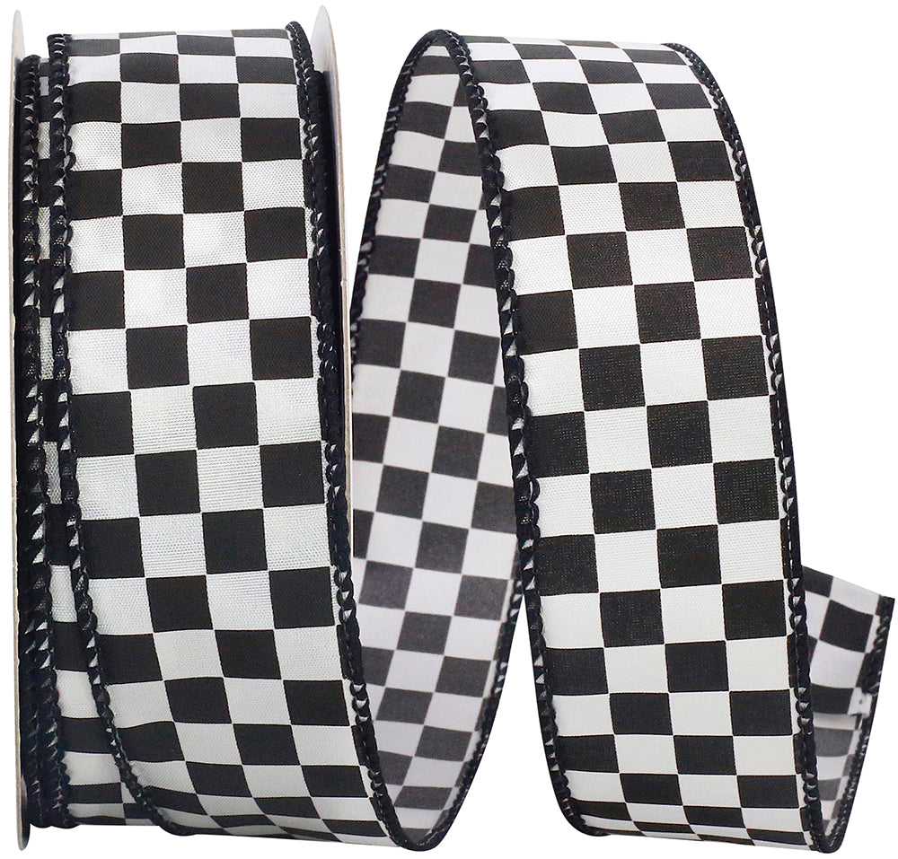 Black White 1-1 2 Inch Raceway Check Black & White Wired Edge Ribbon for Wreaths & Bows