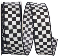 Black White 1-1 2 Inch Raceway Check Black & White Wired Edge Ribbon for Wreaths & Bows