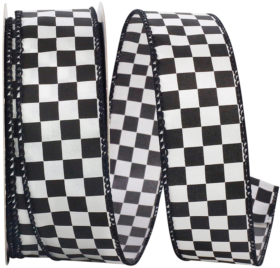 Black White 1-1 2 Inch Raceway Check Black & White Wired Edge Ribbon for Wreaths & Bows