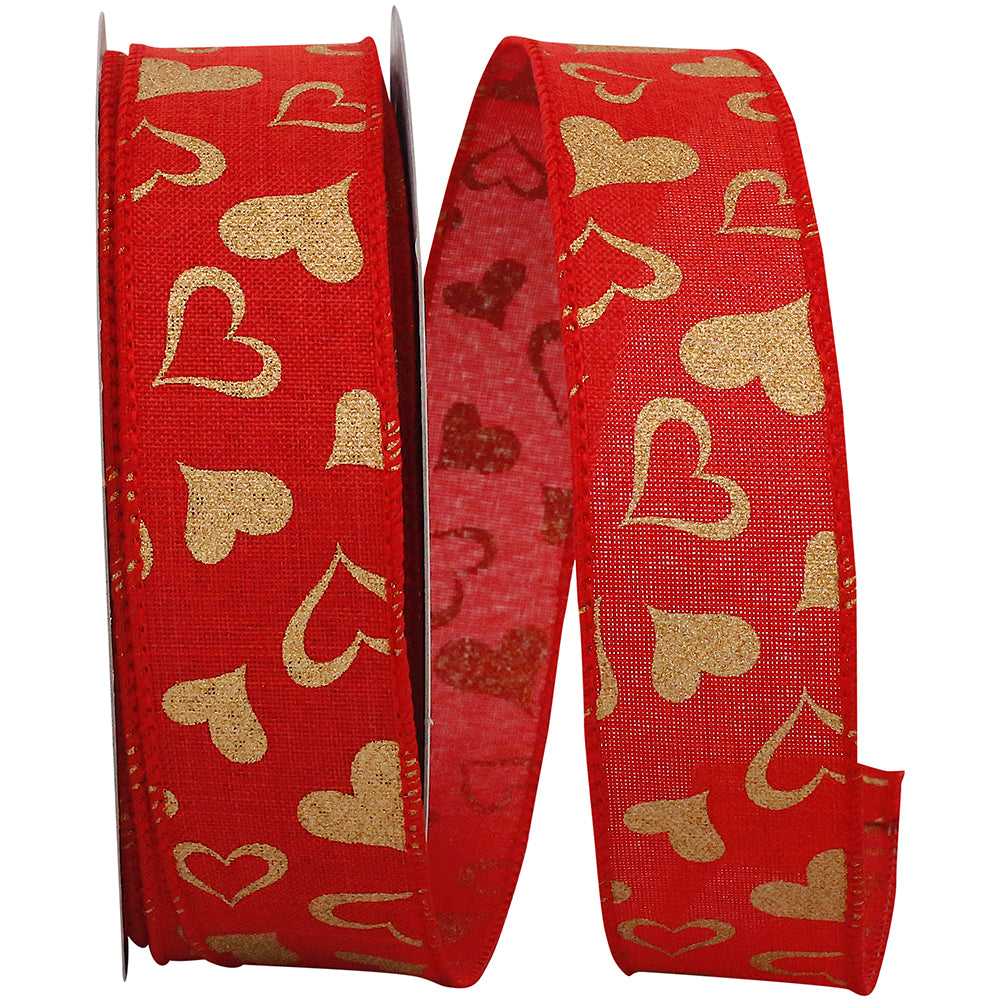 Gold 1-1 2 Inch Heart Linen Wired Edge Ribbon for Wreaths & Bows