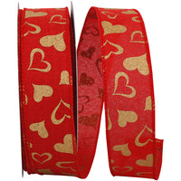 Gold 1-1 2 Inch Heart Linen Wired Edge Ribbon for Wreaths & Bows