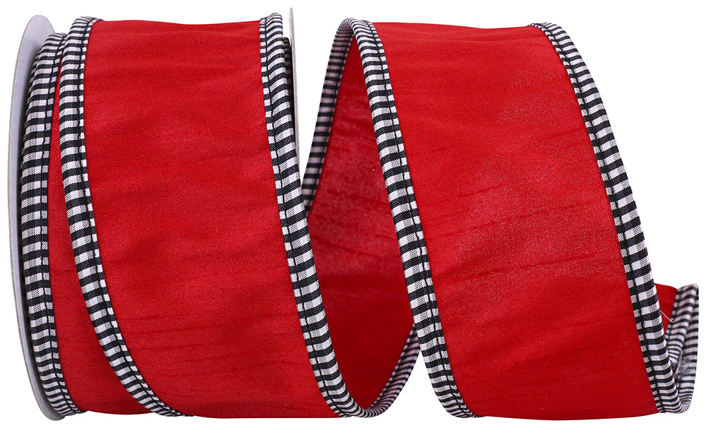 Red 2-1 2 Inch Dupioni Check Edge Wired Edge Ribbon for Wreaths & Bows