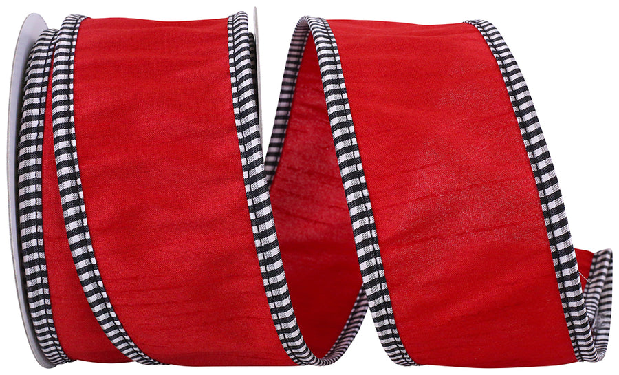 Red 2-1 2 Inch Dupioni Check Edge Wired Edge Ribbon for Wreaths & Bows