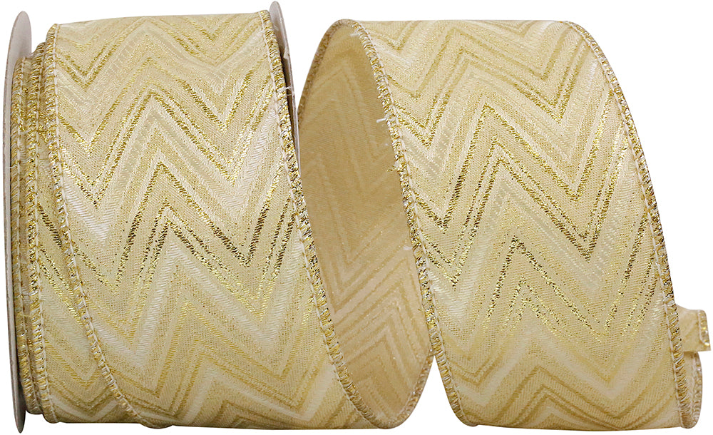 Gold Metallic Jacquard Wired Edge Ribbon 2-1/2 Inch 10 Yards