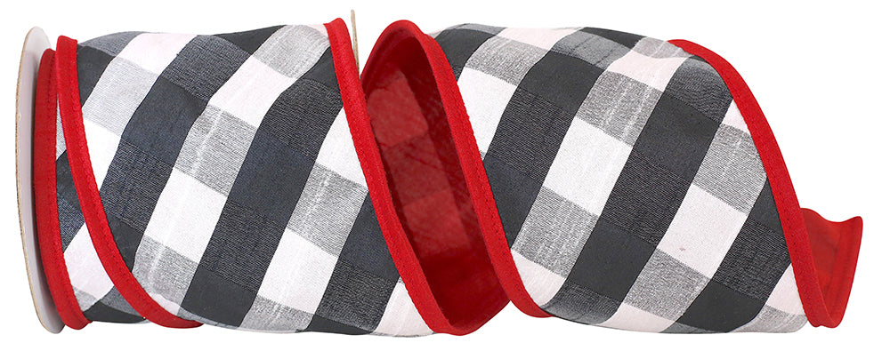 4 Inch Black White Gingham Check Wired Edge Ribbon