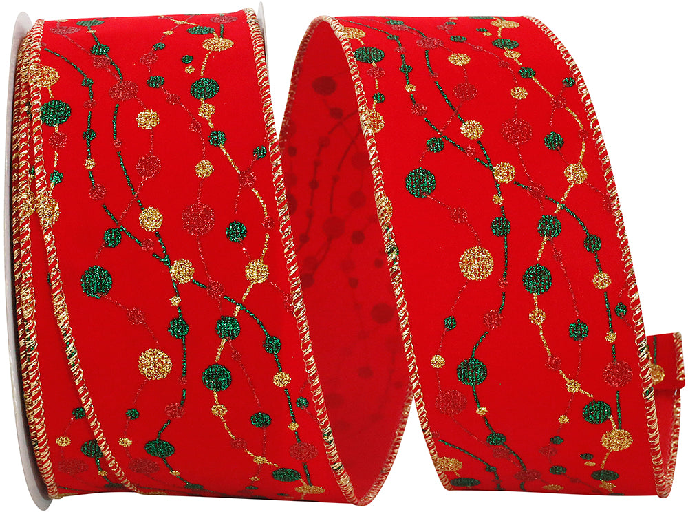 Red 2-1 2 Inch Holiday Beads Wired Edge Ribbon for Wreaths & Bows