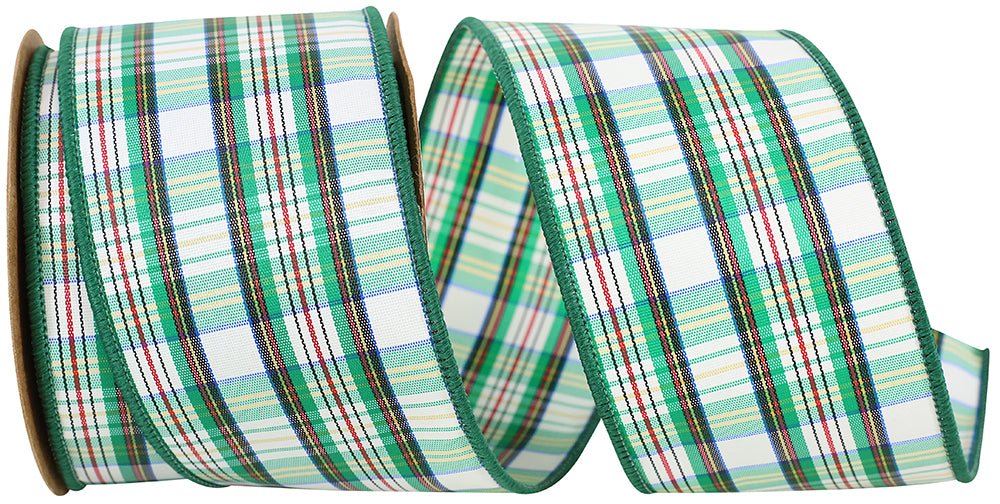 Petersburg Plaid Wired Edge Ribbon White 2-1/2 Inch