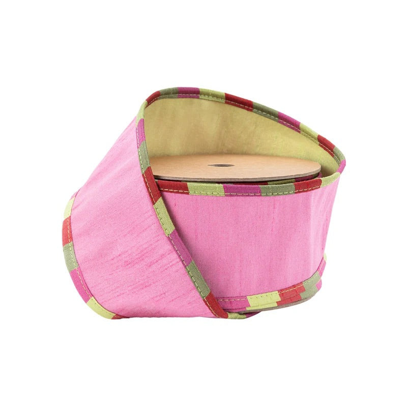 2 1/2" Wired Reversible Ribbon | Pink/Apple Green Dupion Apsen Check Piping | 10 Yards
