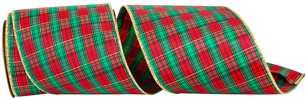 Red Gold 4 Inch Tartan 2 Wired Edge Ribbon for Wreaths & Bows