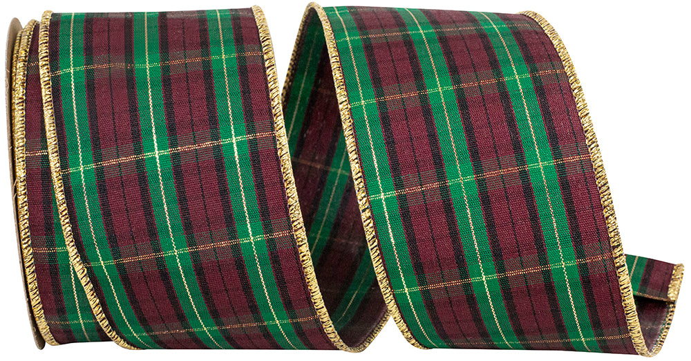 Burgundy Gold 2-1/2 Inch Wired Edge Plaid Ribbon