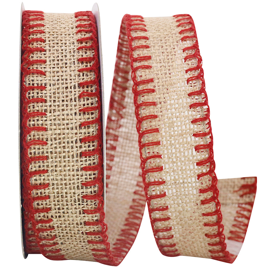 Stitched Burlap Wired Edge Ribbon Natural Red 1-1/2 Inch