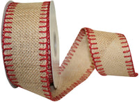 Burlap Wired Edge Ribbon Natural Red 2-1/2 Inch 10Yds