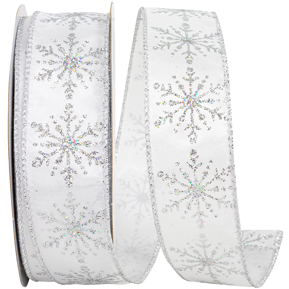 White Silver 1-1 2 Inch Snowflake Stream Wired Edge Ribbon for Wreaths & Bows