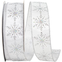 White Silver 1-1 2 Inch Snowflake Stream Wired Edge Ribbon for Wreaths & Bows
