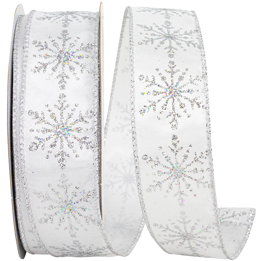 White Silver 1-1 2 Inch Snowflake Stream Wired Edge Ribbon for Wreaths & Bows