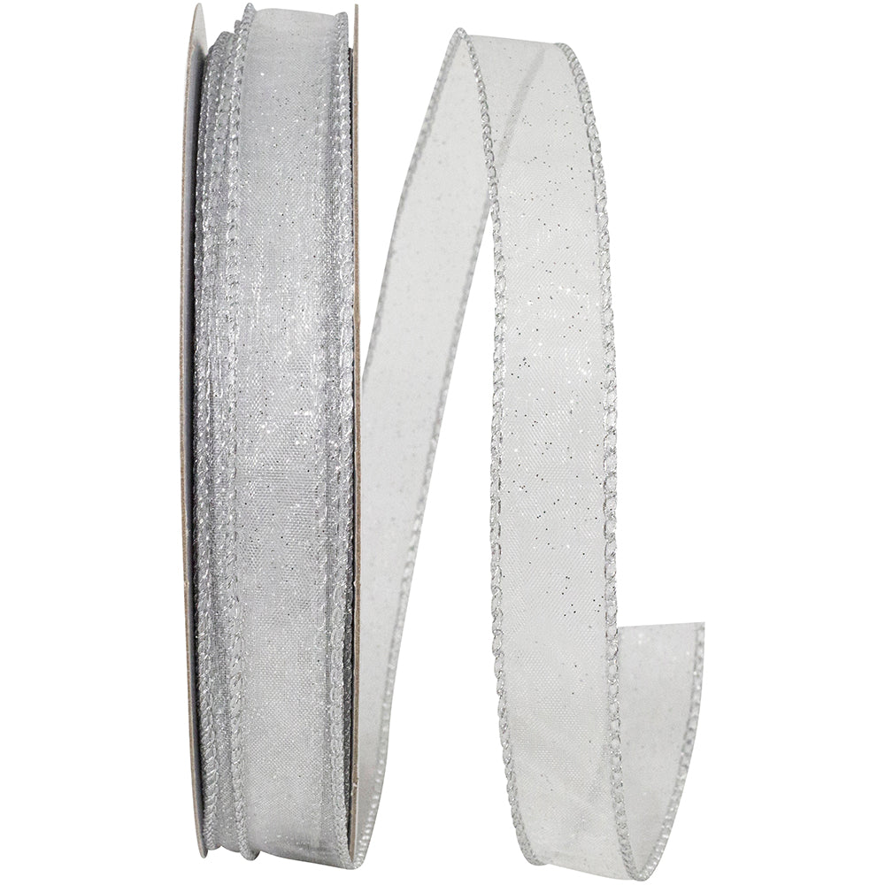 Corsage Glitter Ribbon White Silver 5/8 Inch 25 Yards