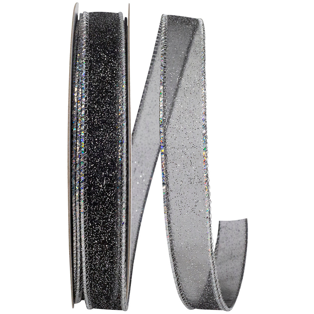 Corsage Glitter Ribbon Black Silver 5/8 Inch 25 Yards