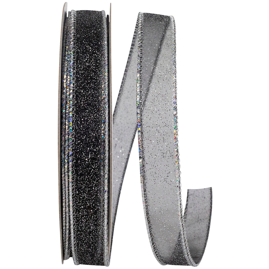 Corsage Glitter Ribbon Black Silver 5/8 Inch 25Yds