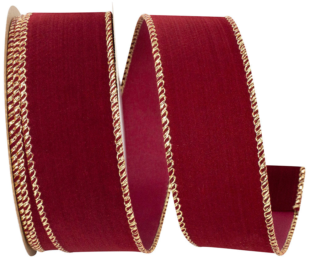 Burgundy Gold Velvet Wired Edge Ribbon 1-1/2 Inch