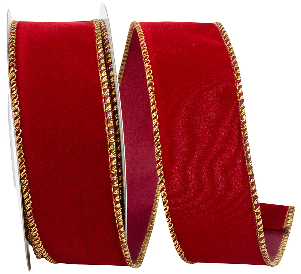 Velvet Wired Edge Ribbon Scarlet Gold 1-1/2 Inch 10 Yards