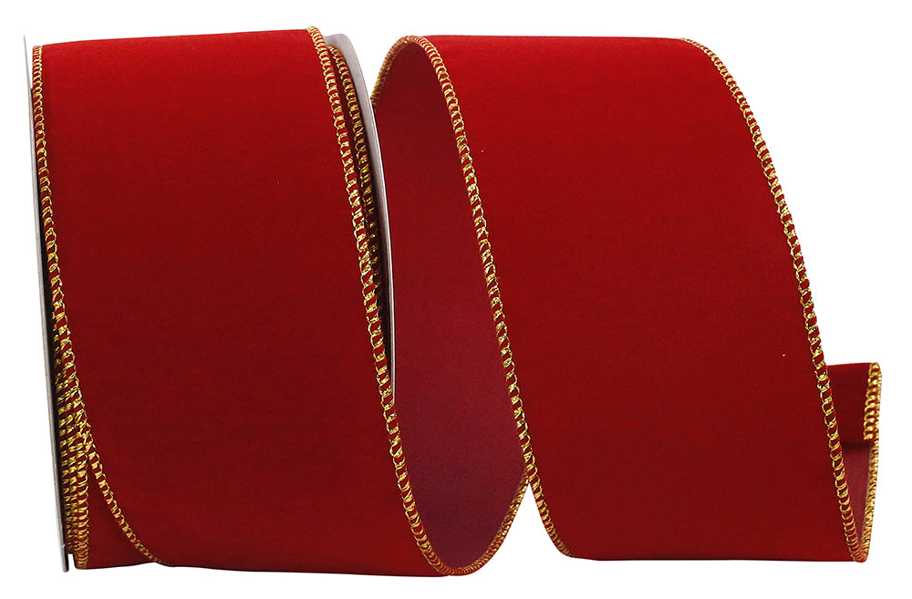 Velvet Wired Edge Ribbon Scarlet Gold 2-1/2 Inch