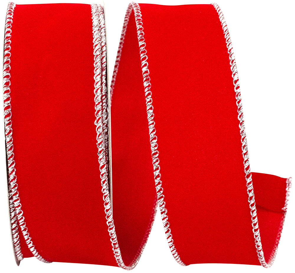 Red Silver 1-1 2 Inch Velvet Wired Edge Ribbon for Wreaths & Bows