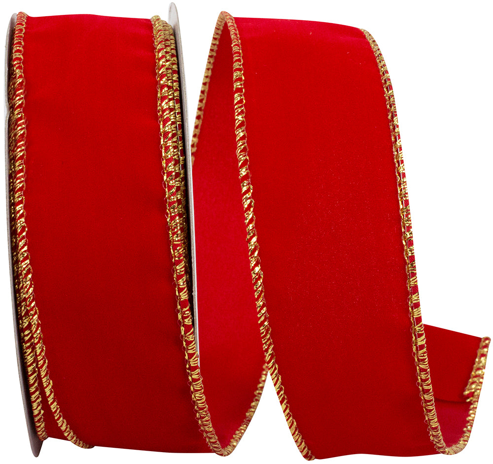 Red Gold 1-1 2 Inch Velvet Wired Edge Ribbon for Wreaths & Bows