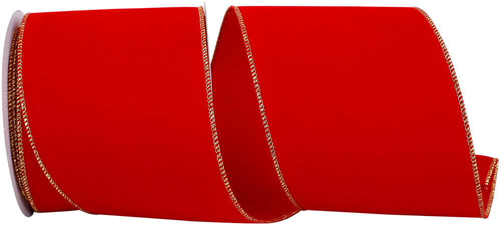 Red Gold 4 Inch Velvet Wired Edge Ribbon for Wreaths & Bows