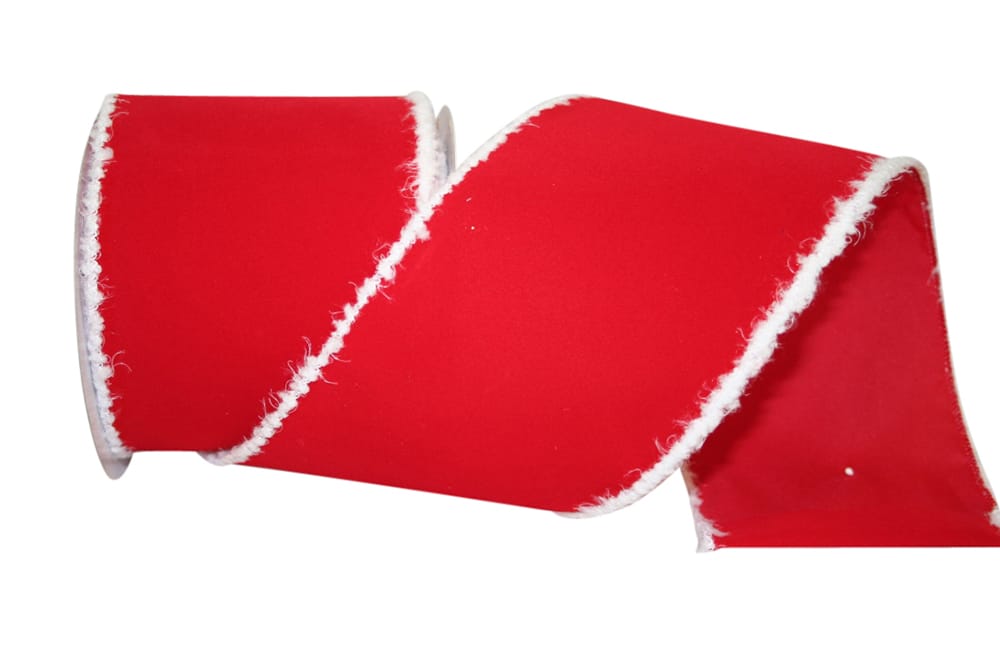 Red 4 Inch Velvet Snowy Edge Wired Edge Ribbon for Wreaths & Bows