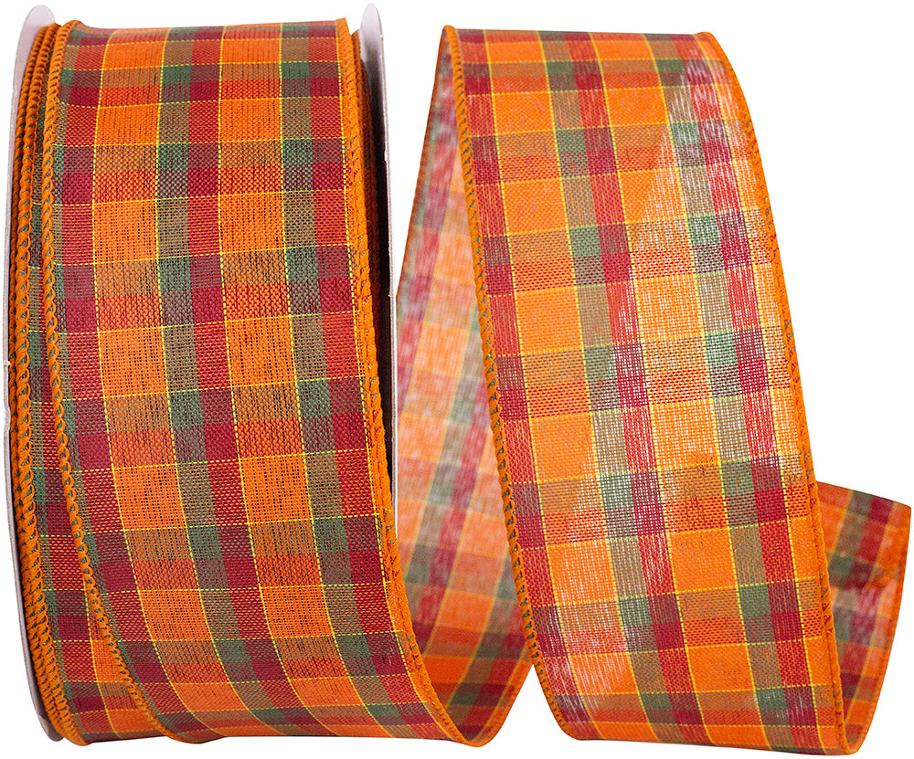 Orange Plaid Wired Edge Ribbon 2-1/2 Inch for Wreaths