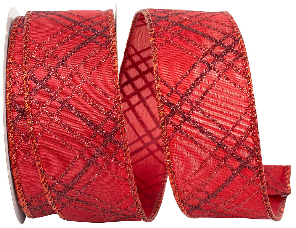 Scarlet Crisscross Wired Edge Ribbon 1-1/2 Inch 10 Yards