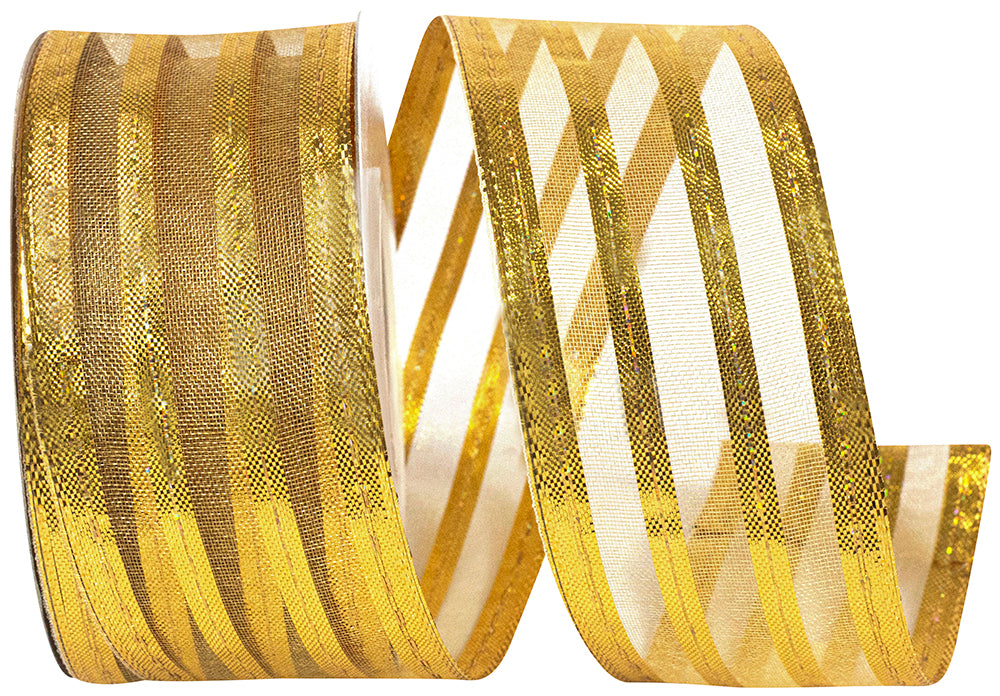 Gold Metallic Stripe Wired Edge Ribbon 1-1/2 Inch