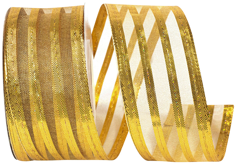 Gold Metallic Stripe Wired Edge Ribbon 1-1/2 Inch