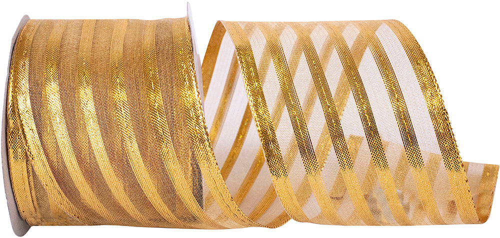 Gold Metallic Stripe Wired Edge Ribbon 2-1/2 Inch 10Yds
