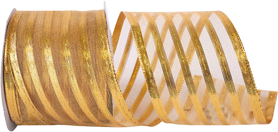 Gold Metallic Stripe Wired Edge Ribbon 2-1/2 Inch 10Yds
