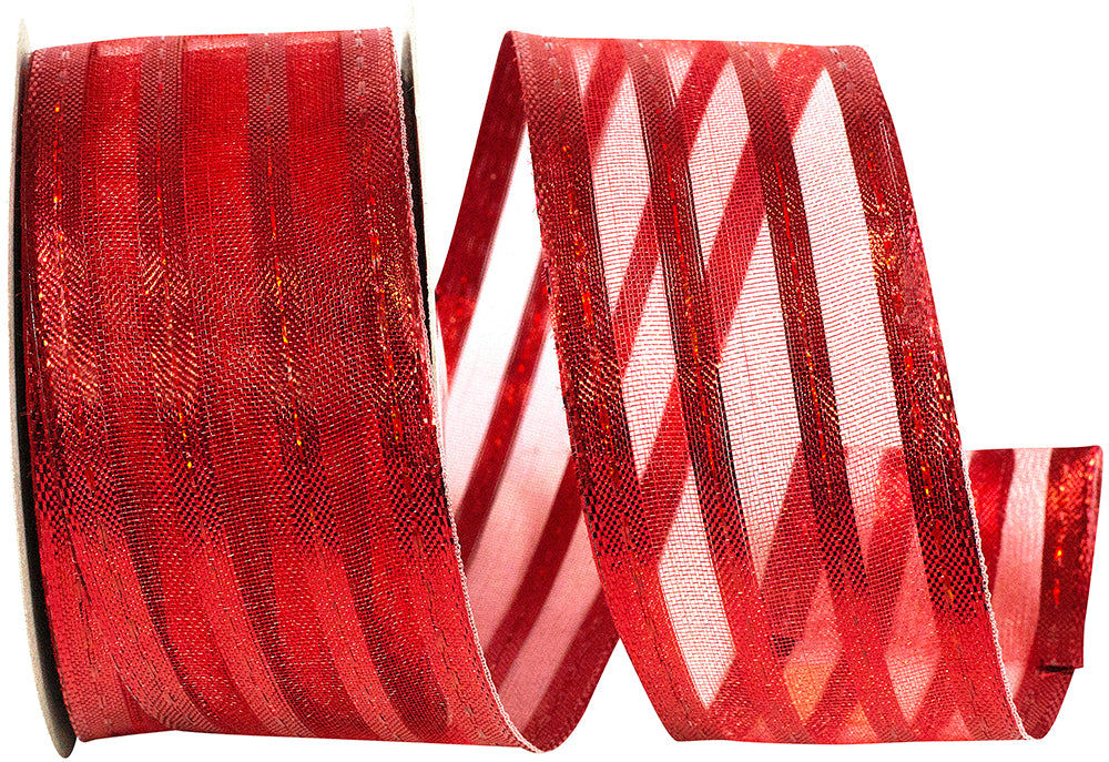 Red Metallic Stripe Wired Edge Ribbon 1-1/2 Inch for Bows