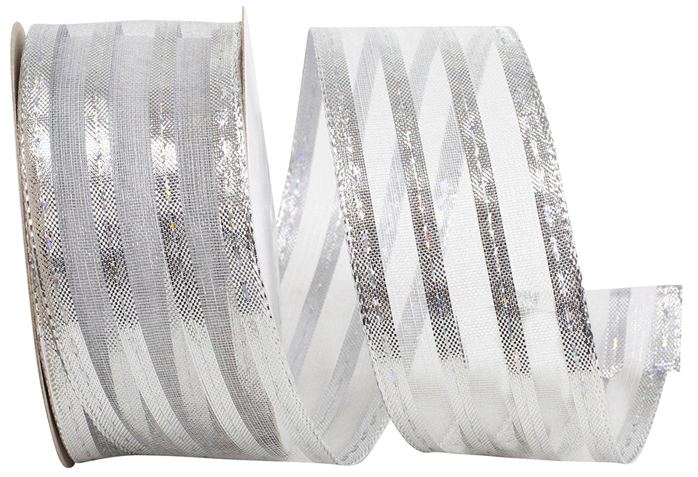 Silver Metallic Stripe Wired Edge Ribbon 1-1/2 Inch