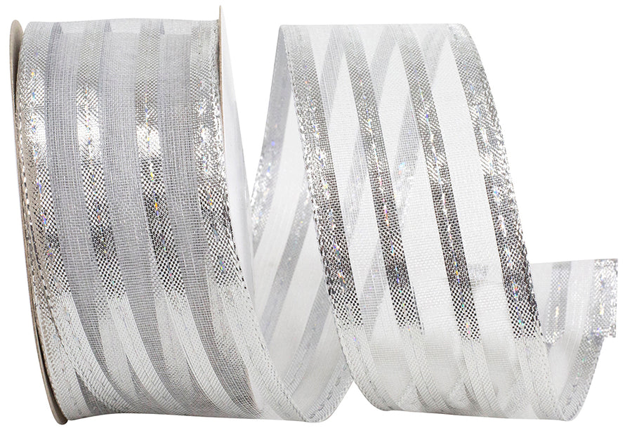 Silver Metallic Stripe Wired Edge Ribbon 1-1/2 Inch