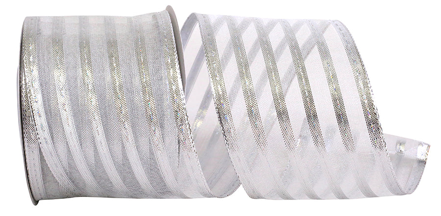 Silver Metallic Stripe Wired Edge Ribbon 2-1/2 Inch