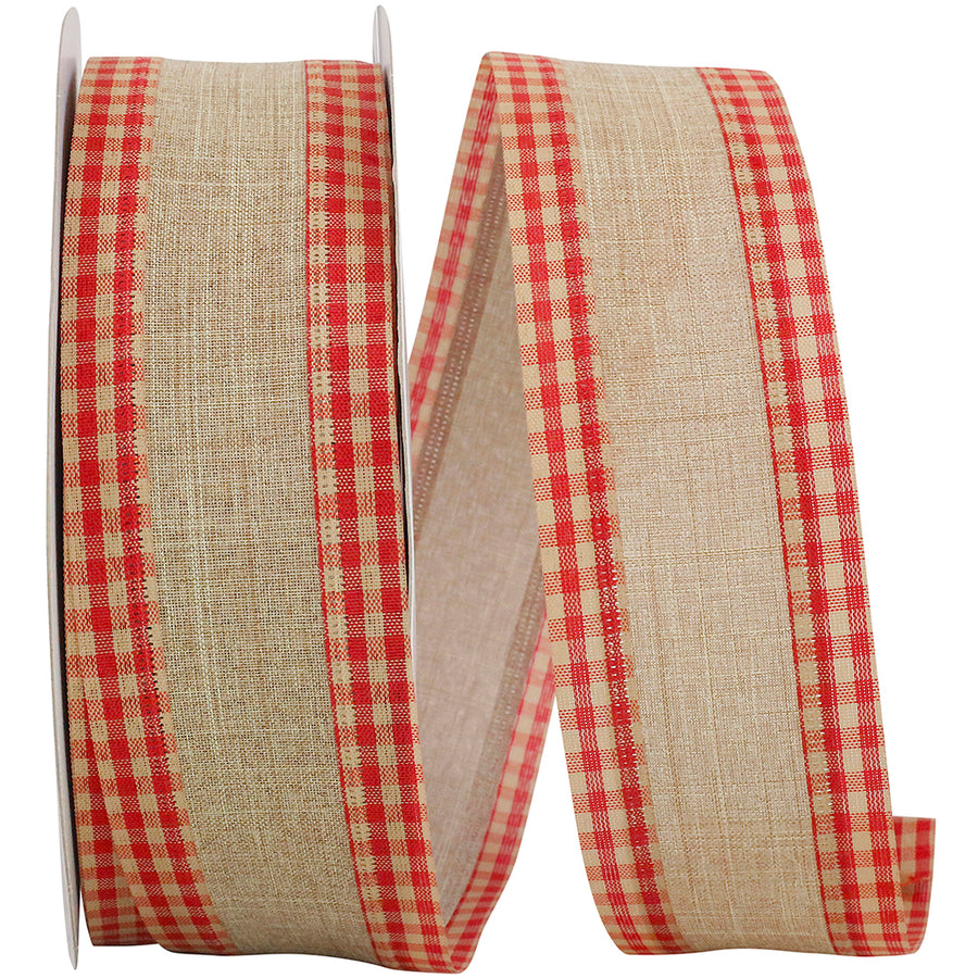 Linen Gingham Edge Wired Ribbon Natural Red 2-1/2 Inch