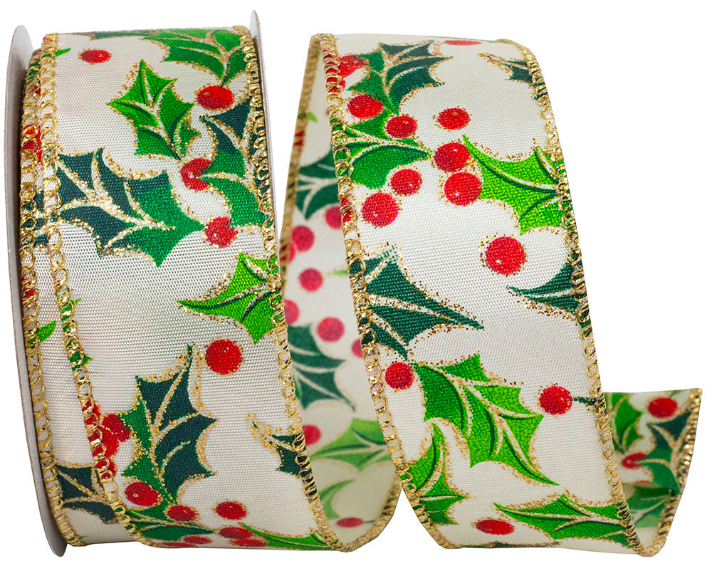 Multi 1-1 2 Inch Holly Wired Edge Ribbon for Wreaths & Bows