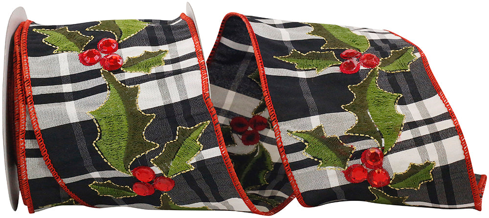 Plaid Wired Edge Ribbon Black White 4 Inch for Wreaths